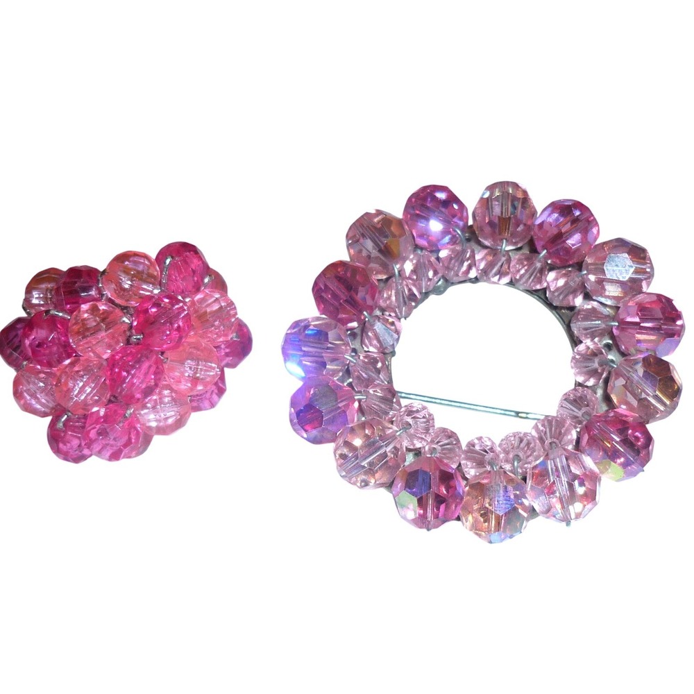 Vintage 1950s Pink AB Crystal Wreath Brooch Pin & Cluster Ring Jewelry Lot Set‎
